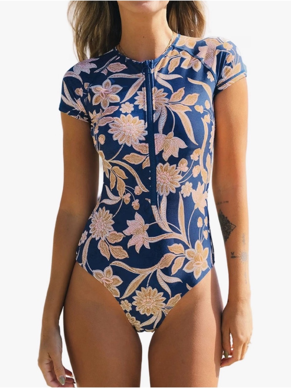 Cupshe Navy Floral Short-Sleeve Zip One-Piece Swimsuit